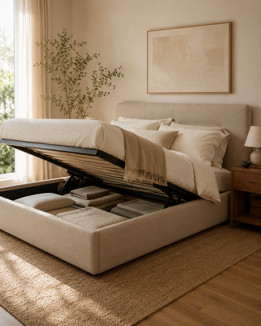 Storage bed with hydraulic lift-up base partially open
